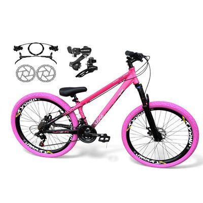 Bicicleta aro26 Vikingx Tuff Câmbios Shimano Freio Hidráulico 21v Freeride aroVmaxx Flame RosaPreto