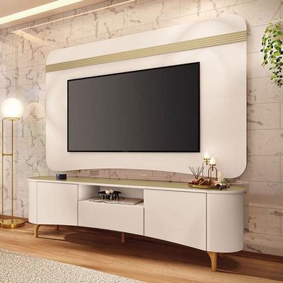Rack Bancada Elara E Painel Armony Com Mesa De Centro Cadenza Off White Champanhe - Hb Móveis