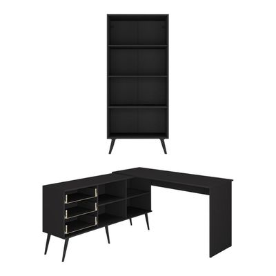 Kit 2 Peças Escrivaninha Em L Com 3 Gavetas E Armário Multiuso Com Vidro Glass Multimóveis Mp6049 Preto