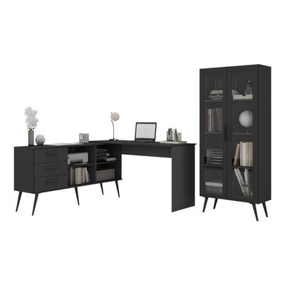 Kit 2 Peças Escrivaninha Em L Com 3 Gavetas E Armário Multiuso Com Vidro Glass Multimóveis Mp6049 Preto