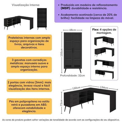 Kit 2 Peças Escrivaninha Em L Com 3 Gavetas E Armário Multiuso Com Vidro Glass Multimóveis Mp6049 Preto