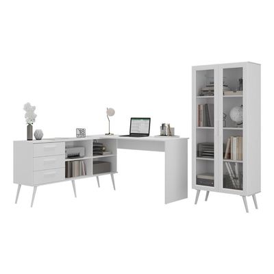 Kit 2 Peças Escrivaninha Em L Com 3 Gavetas E Armário Multiuso Com Vidro Glass Multimóveis Mp6049 Branco