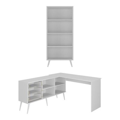 Kit 2 Peças Escrivaninha Em L Com 3 Gavetas E Armário Multiuso Com Vidro Glass Multimóveis Mp6049 Branco