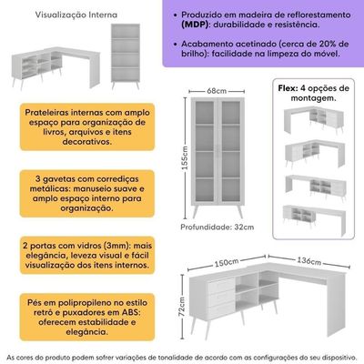 Kit 2 Peças Escrivaninha Em L Com 3 Gavetas E Armário Multiuso Com Vidro Glass Multimóveis Mp6049 Branco