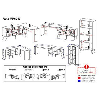 Kit 2 Peças Escrivaninha Em L Com 3 Gavetas E Armário Multiuso Com Vidro Glass Multimóveis Mp6049 Branco