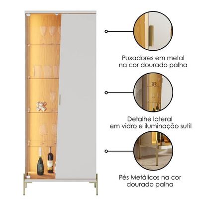 Cristaleira Porta De Vidro Com Led Sena 181x70 Cm Pes Metal Clb Off White Matte Freijo Clb Off White Matte Freijo
