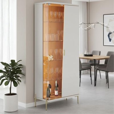 Cristaleira Porta De Vidro Com Led Sena 181x70 Cm Pes Metal Clb Off White Matte Freijo Clb Off White Matte Freijo