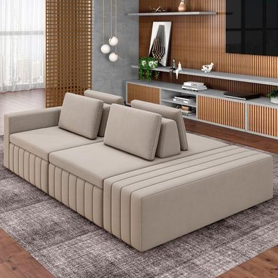 Sofá Ilha E Puff Sala Living 265cm Siesta M22 Veludo Bege - Mpozenato