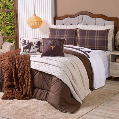 Kit Edredom Queen Country Com Almofadas Estampadas 07 Peças - Dupla Face Percal 300 Fios Cor Marrom