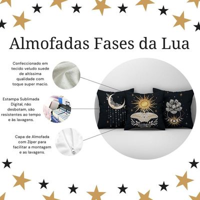 Kit Trio Capas De Almofadas Estampadas Fases Da Lua Em Veludo Suede 45cm X 45cm - Decoração Luxo Para Sala Cor Preto