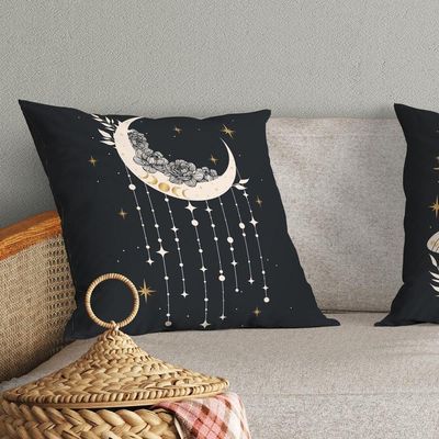 Kit Trio Capas De Almofadas Estampadas Fases Da Lua Em Veludo Suede 45cm X 45cm - Decoração Luxo Para Sala Cor Preto