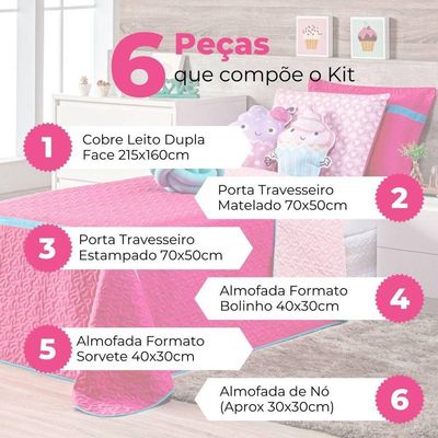 Kit Cobre Leito Colcha Solteiro Cupcake Pink/rosa Dupla Face Com Almofadas Estampadas 06 Peças