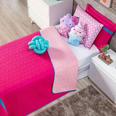 Kit Cobre Leito Colcha Solteiro Cupcake Pink/rosa Dupla Face Com Almofadas Estampadas 06 Peças