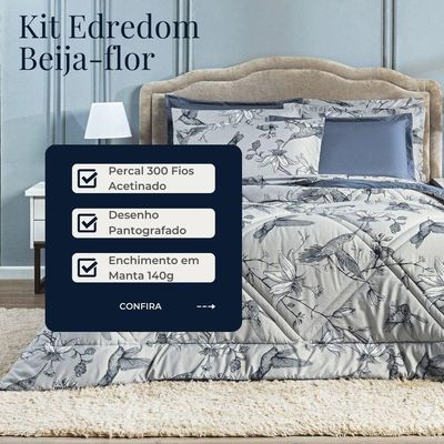 Kit Edredom Estampado Queen Beija-flor Azul/cinza Dupla Face Com Fronhas 03 Peças - Percal Soft 300 Fios Acetinado