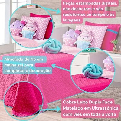 Kit Cobre Leito Colcha Solteiro Cupcake Pink/rosa Dupla Face Com Almofadas Estampadas 06 Peças