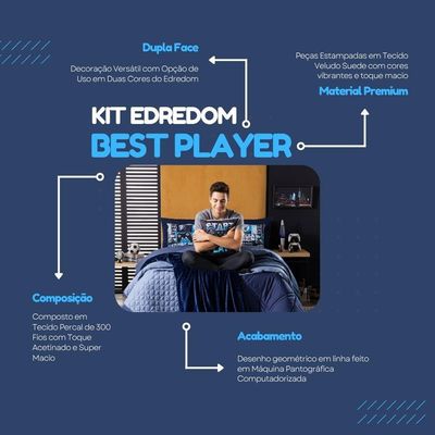 Kit Edredom Casal Padrão Best Player Azul Marinho Com Almofadas Estampadas 07 Peças - Dupla Face Percal 300 Fios
