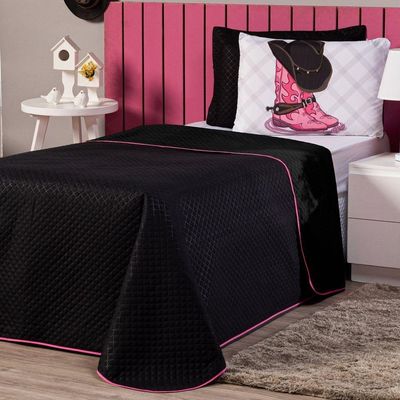 Kit Cobre Leito Infantil Solteiro 02 Peças Castela Boiadeira Preto Com Fronha Estampada - Decoração Country Menina