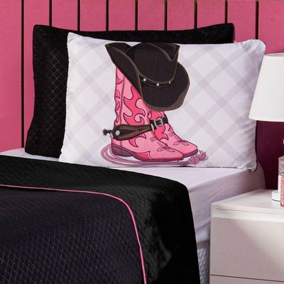 Kit Cobre Leito Infantil Solteiro 02 Peças Castela Boiadeira Preto Com Fronha Estampada - Decoração Country Menina