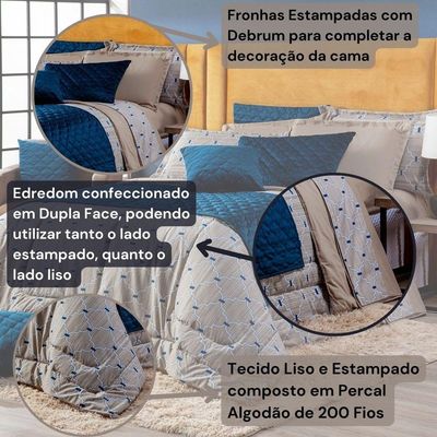 Kit Edredom Estampado Queen Veneza Bege/azul Dupla Face Com Fronhas 03 Peças - Tecido Percal Algodão 200 Fios