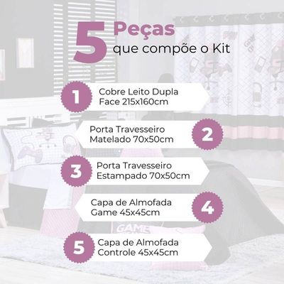 Kit Cobre Leito Colcha Solteiro Game Streamer Dupla Face Com Almofadas Estampadas 05 Peças Cor Rosê