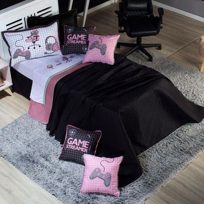 Kit Cobre Leito Colcha Solteiro Game Streamer Dupla Face Com Almofadas Estampadas 05 Peças Cor Rosê