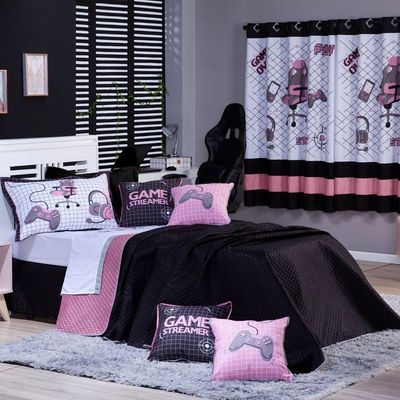 Kit Cobre Leito Colcha Solteiro Game Streamer Dupla Face Com Almofadas Estampadas 05 Peças Cor Rosê
