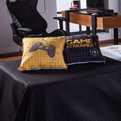 Kit Cobre Leito Colcha Solteiro Game Streamer Dupla Face Com Almofadas Estampadas 05 Peças Cor Amarelo
