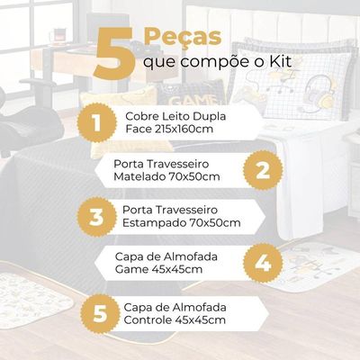 Kit Cobre Leito Colcha Solteiro Game Streamer Dupla Face Com Almofadas Estampadas 05 Peças Cor Amarelo