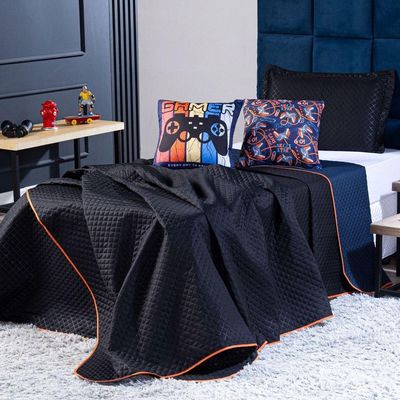 Kit Cobre Leito Colcha Queen Gamer Day Preto/azul Marinho Dupla Face Com Almofadas Estampadas 05 Peças
