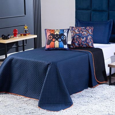 Kit Cobre Leito Colcha Queen Gamer Day Preto/azul Marinho Dupla Face Com Almofadas Estampadas 05 Peças