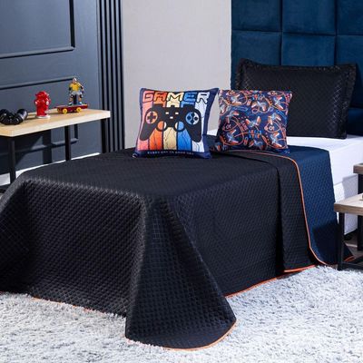 Kit Cobre Leito Colcha Queen Gamer Day Preto/azul Marinho Dupla Face Com Almofadas Estampadas 05 Peças