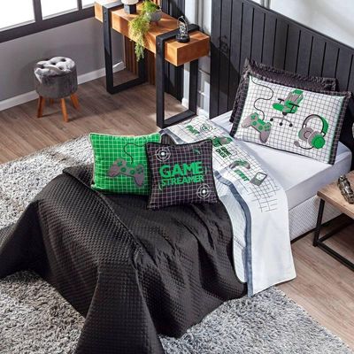 Kit Cobre Leito Colcha Solteiro Game Streamer Verde Dupla Face Com Almofadas Estampadas 05 Peças