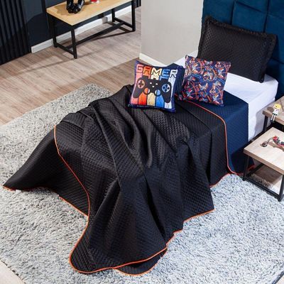 Kit Cobre Leito Colcha Queen Gamer Day Preto/azul Marinho Dupla Face Com Almofadas Estampadas 05 Peças