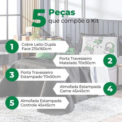 Kit Cobre Leito Colcha Solteiro Game Streamer Verde Dupla Face Com Almofadas Estampadas 05 Peças