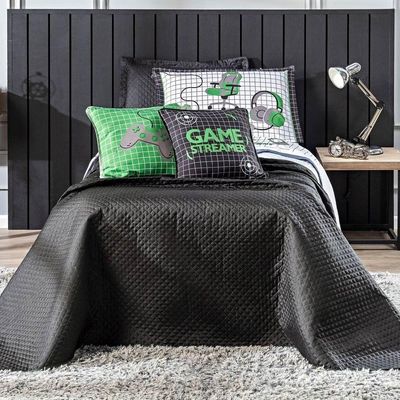 Kit Cobre Leito Colcha Solteiro Game Streamer Verde Dupla Face Com Almofadas Estampadas 05 Peças
