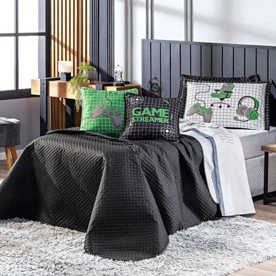 Kit Cobre Leito Colcha Solteiro Game Streamer Verde Dupla Face Com Almofadas Estampadas 05 Peças