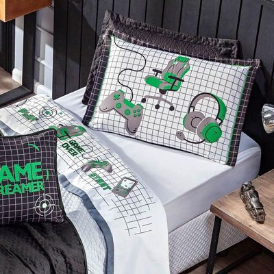 Kit Cobre Leito Colcha Solteiro Game Streamer Verde Dupla Face Com Almofadas Estampadas 05 Peças