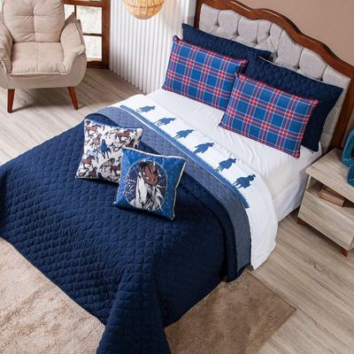 Kit Cobre Leito Colcha Queen Country Com Almofadas Estampadas 07 Peças - Dupla Face Percal 300 Fios Matelado Cor Azul