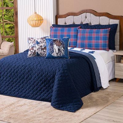 Kit Cobre Leito Colcha Queen Country Com Almofadas Estampadas 07 Peças - Dupla Face Percal 300 Fios Matelado Cor Azul