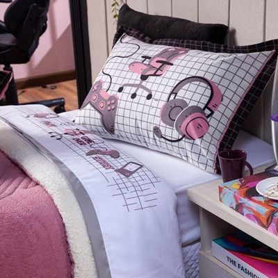 Jogo De Cama Lençol Solteiro Game Streamer Branco/rosê Com Fronhas E Virol Estampados 03 Peças - Percal 200 Fios