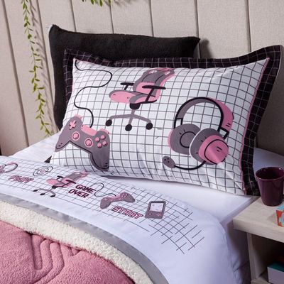 Jogo De Cama Lençol Solteiro Game Streamer Branco/rosê Com Fronhas E Virol Estampados 03 Peças - Percal 200 Fios