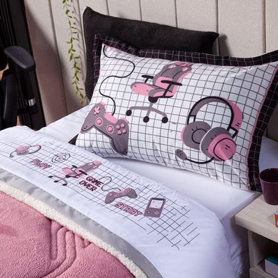 Jogo De Cama Lençol Solteiro Game Streamer Branco/rosê Com Fronhas E Virol Estampados 03 Peças - Percal 200 Fios