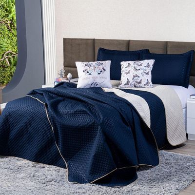 Kit Cobre Leito Colcha Queen Borboleta Azul Marinho/caqui Dupla Face Com Almofadas Estampadas 05 Peças