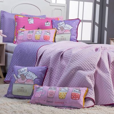 Kit Cobre Leito Colcha Casal Padrão Gatinhos Rosa/lilás Dupla Face Com Almofadas Estampadas 07 Peças