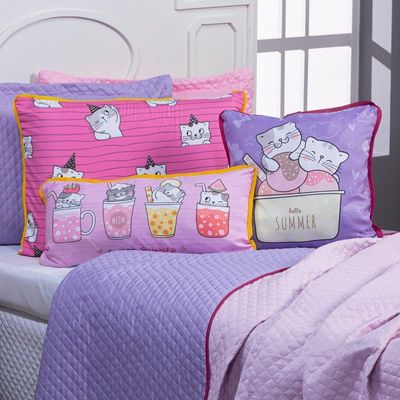 Kit Cobre Leito Colcha Casal Padrão Gatinhos Rosa/lilás Dupla Face Com Almofadas Estampadas 07 Peças