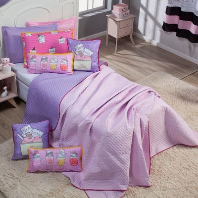 Kit Cobre Leito Colcha Casal Padrão Gatinhos Rosa/lilás Dupla Face Com Almofadas Estampadas 07 Peças