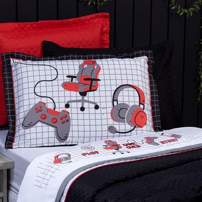 Jogo De Cama Lençol Queen Game Streamer Branco/vermelho Com Fronhas E Virol Estampados 04 Peças - Percal 200 Fios