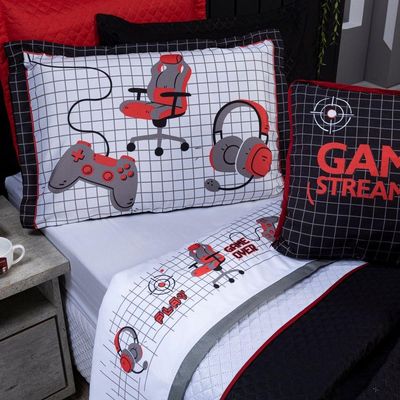 Jogo De Cama Lençol Queen Game Streamer Branco/vermelho Com Fronhas E Virol Estampados 04 Peças - Percal 200 Fios