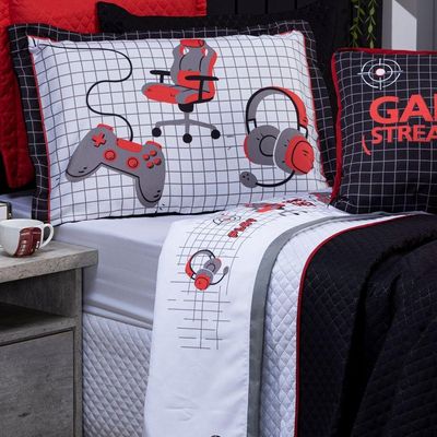 Jogo De Cama Lençol Queen Game Streamer Branco/vermelho Com Fronhas E Virol Estampados 04 Peças - Percal 200 Fios