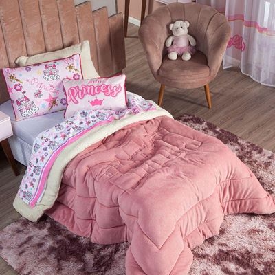 Kit Coberdrom Cobertor Queen Princesa Rosê Dupla Face Com Almofada Estampada 04 Peças - Tecido Em Mantinha E Sherpa